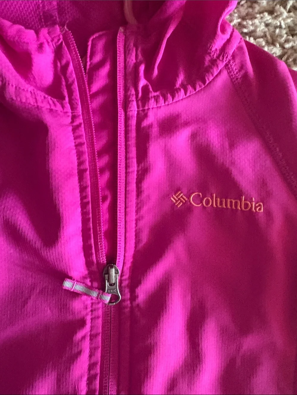 Columbia Girls' Hooded windbreaker in Bright Pink with Coral Panels size small
